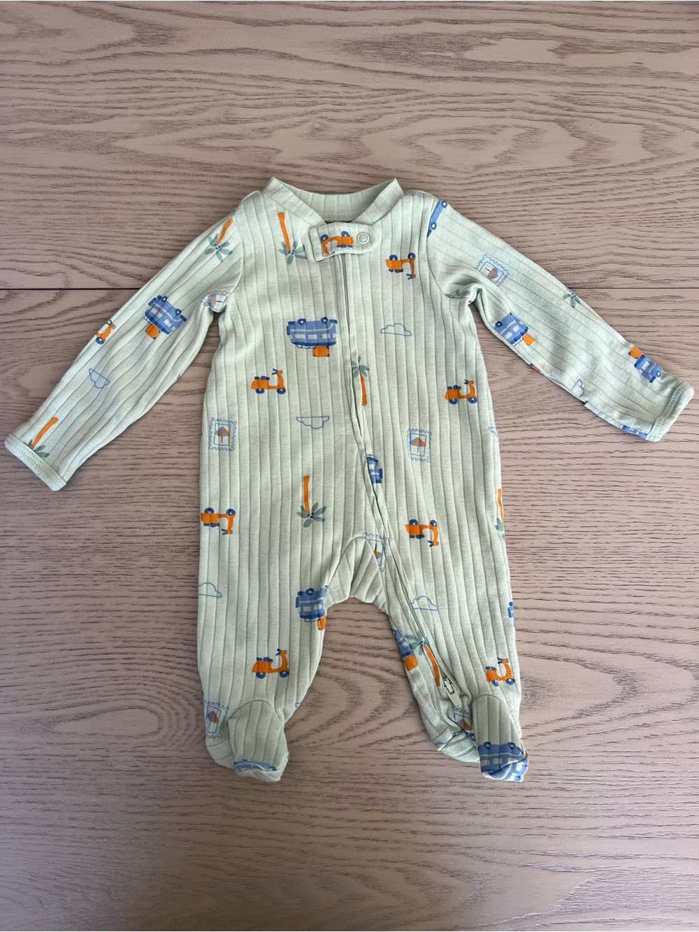 Sage Green Ribbed Footie with Blue & Orange Vehicle Print